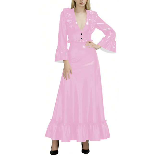 Fashion Elegance Glossy Women Long Dress Sexy Deep V-neck Full Sleeve A-line PVC Shiny Dresses Wetlook Party Dress Evening Gown