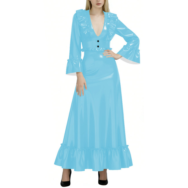Fashion Elegance Glossy Women Long Dress Sexy Deep V-neck Full Sleeve A-line PVC Shiny Dresses Wetlook Party Dress Evening Gown