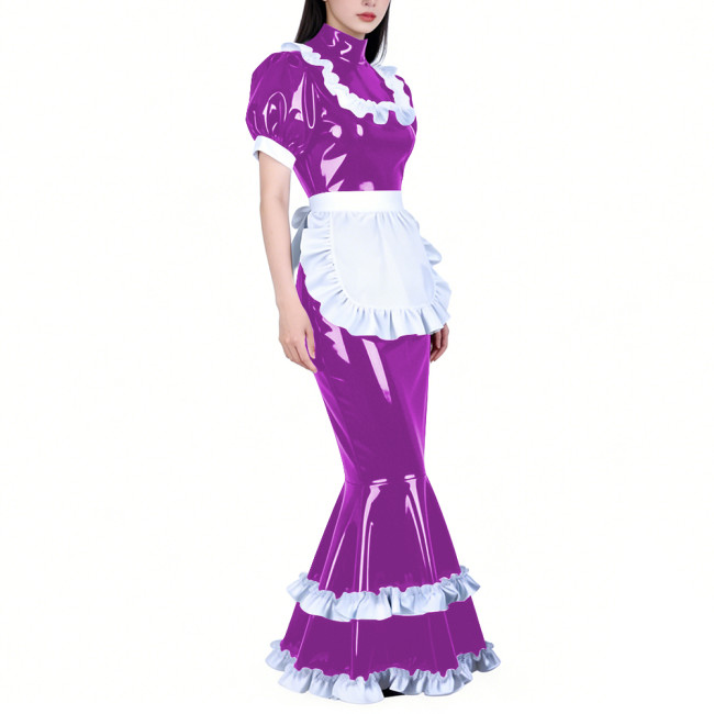 Shiny PVC French Maid Maxi Dress Womens Sissy Elegant High Neck Puff Short Sleeves Long Mermaid Dress with Apron Cosplay Outfits