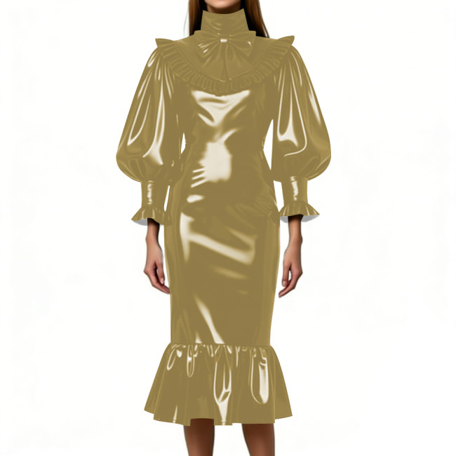 Cocktail Party Shiny Midi Dress for Women Vintage High Neck Bow Ruffle Vinyl PVC Leather Bodycon Dress Fetish Slim Mermaid Dress