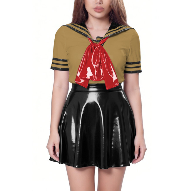 Retro Sailor Style PVC Mini Dress Sets Sissy Party Cosplay Outfit Short Sleeve Top with Bow High Waist Pleated Mini Skirt Suit
