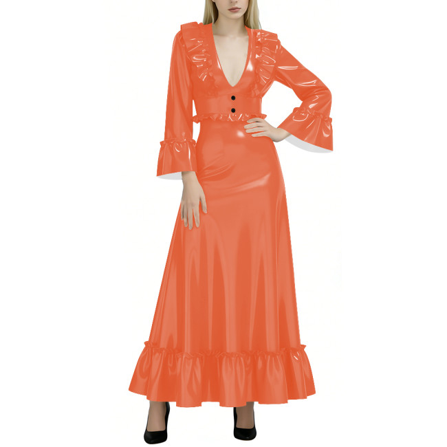 Fashion Elegance Glossy Women Long Dress Sexy Deep V-neck Full Sleeve A-line PVC Shiny Dresses Wetlook Party Dress Evening Gown