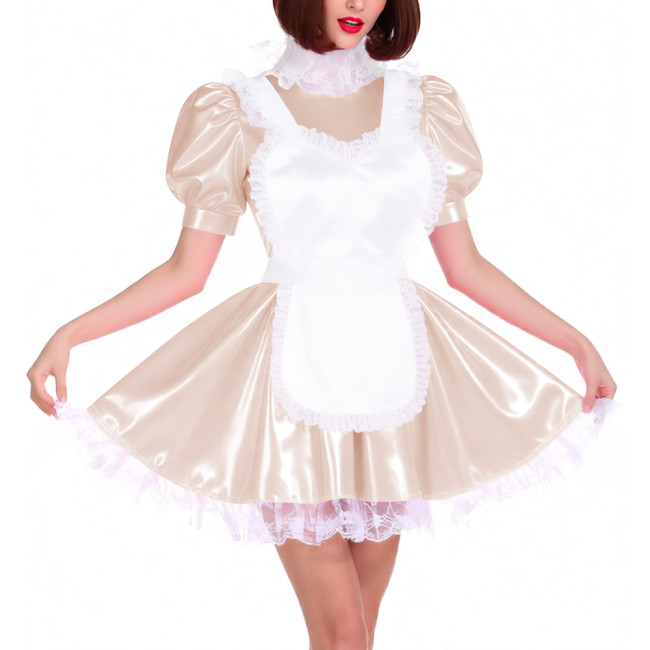 Lace Trim High Neck French Maid Dress Outfits Sissy Puff Short Sleeves Pleated Mini Maid Dress with Apron Themed Parties Costume