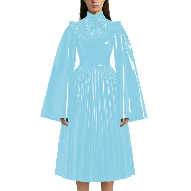 Mens Sissy Shiny PVC Midi Dress Glossy Faux Leather High Neck Bow Flared Long Sleeve Pleated A-Line Dresses Vintage Party Outfit