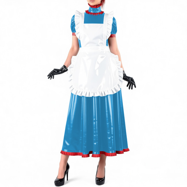Lockable Maid Long A-line Dresses for Crossdresser Ruffles High Neck PVC Shiny Leather Maxi Maid Uniform Sissy Role Play Outfits