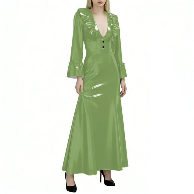 Elegant Flared Long Sleeves Womens Maxi Dress Sexy V Neck PVC Vinyl Leather Ruffled A-line Long Dress Female Streetwear Vestidos