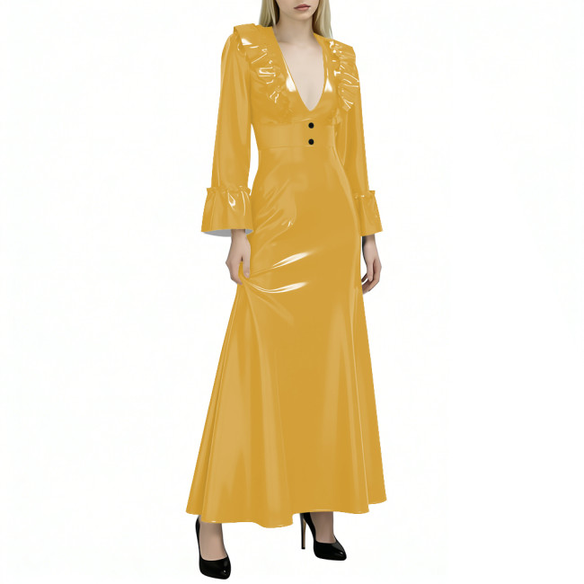 Elegant Flared Long Sleeves Womens Maxi Dress Sexy V Neck PVC Vinyl Leather Ruffled A-line Long Dress Female Streetwear Vestidos