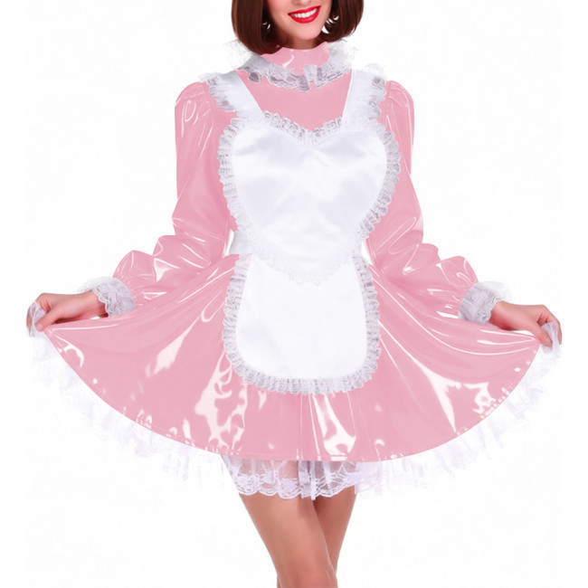 Lockable Shiny PVC French Maid Uniform Sissy Latex-look Halloween Cosplay Outfits High Neck Long Puff Sleeves A-line Dress Sets