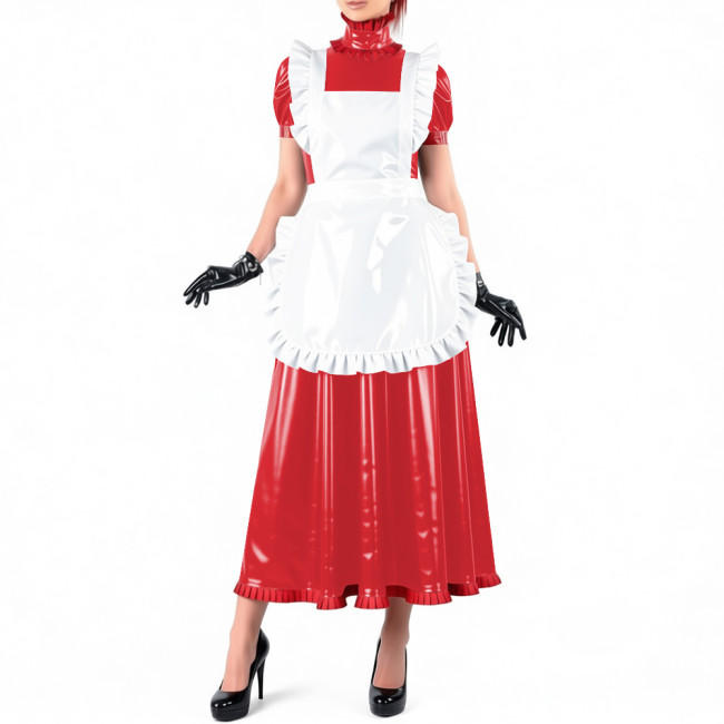 Lockable Maid Long A-line Dresses for Crossdresser Ruffles High Neck PVC Shiny Leather Maxi Maid Uniform Sissy Role Play Outfits