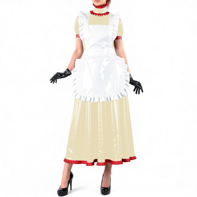 Lockable Maid Long A-line Dresses for Crossdresser Ruffles High Neck PVC Shiny Leather Maxi Maid Uniform Sissy Role Play Outfits