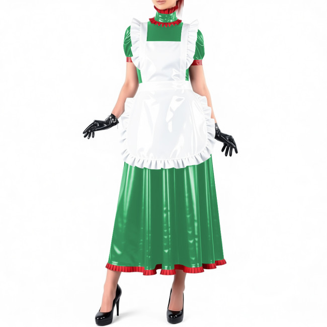Lockable Maid Long A-line Dresses for Crossdresser Ruffles High Neck PVC Shiny Leather Maxi Maid Uniform Sissy Role Play Outfits