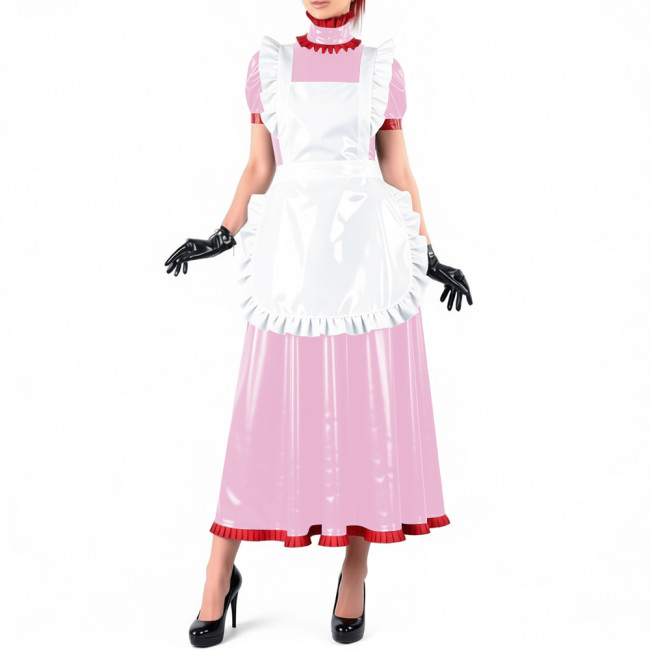 Lockable Maid Long A-line Dresses for Crossdresser Ruffles High Neck PVC Shiny Leather Maxi Maid Uniform Sissy Role Play Outfits