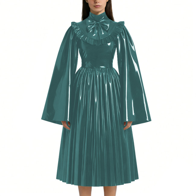 Mens Sissy Shiny PVC Midi Dress Glossy Faux Leather High Neck Bow Flared Long Sleeve Pleated A-Line Dresses Vintage Party Outfit