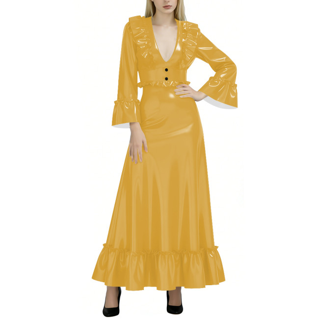 Fashion Elegance Glossy Women Long Dress Sexy Deep V-neck Full Sleeve A-line PVC Shiny Dresses Wetlook Party Dress Evening Gown
