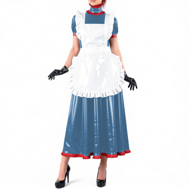 Lockable Maid Long A-line Dresses for Crossdresser Ruffles High Neck PVC Shiny Leather Maxi Maid Uniform Sissy Role Play Outfits
