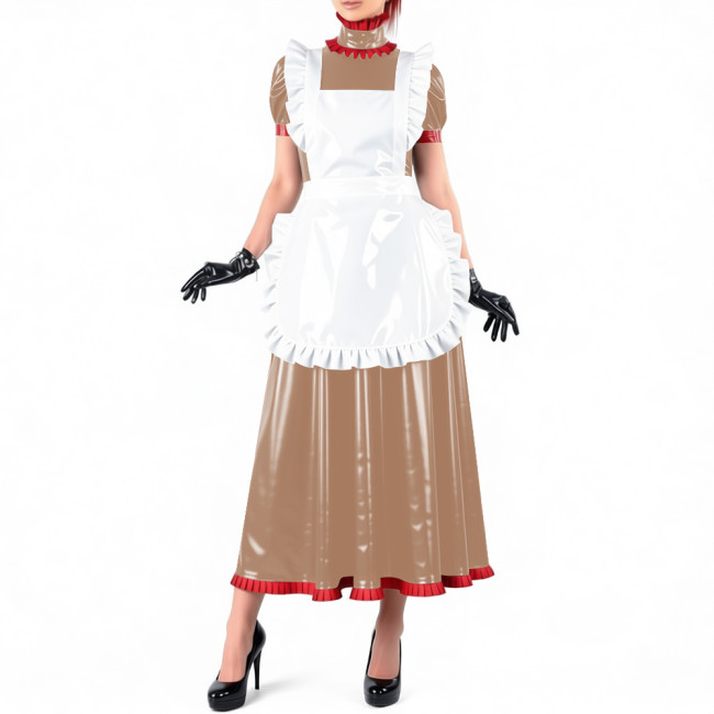 Lockable Maid Long A-line Dresses for Crossdresser Ruffles High Neck PVC Shiny Leather Maxi Maid Uniform Sissy Role Play Outfits