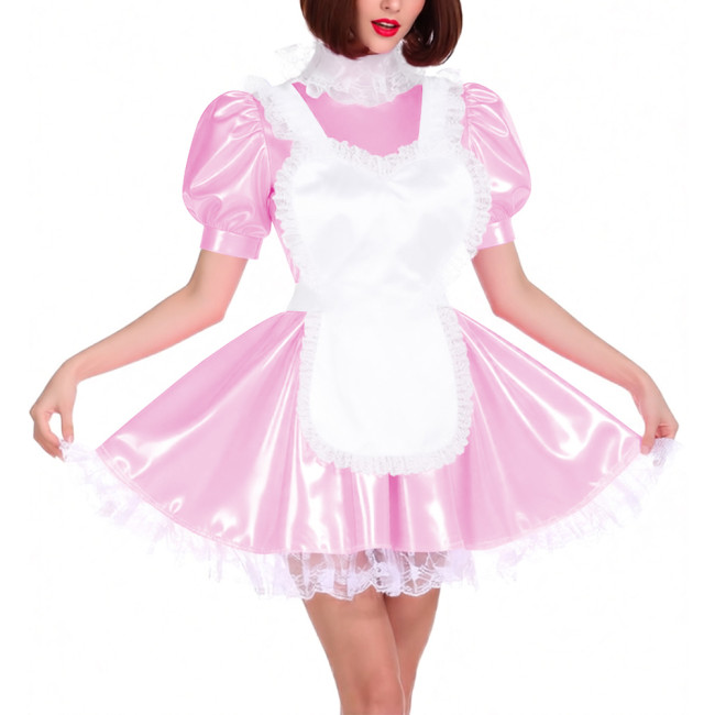 Lace Trim High Neck French Maid Dress Outfits Sissy Puff Short Sleeves Pleated Mini Maid Dress with Apron Themed Parties Costume