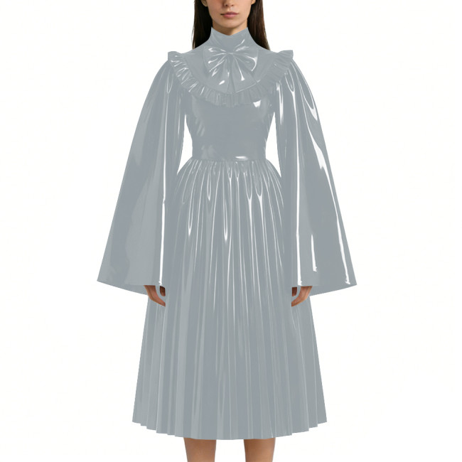 Mens Sissy Shiny PVC Midi Dress Glossy Faux Leather High Neck Bow Flared Long Sleeve Pleated A-Line Dresses Vintage Party Outfit