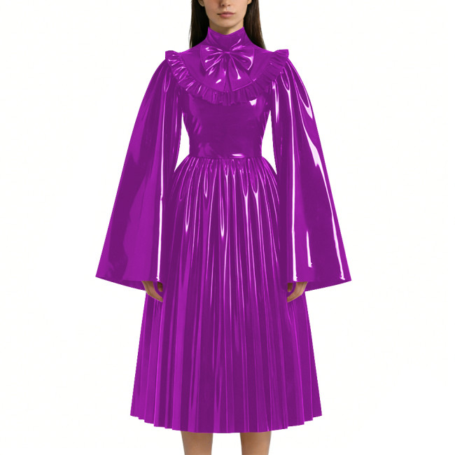 Mens Sissy Shiny PVC Midi Dress Glossy Faux Leather High Neck Bow Flared Long Sleeve Pleated A-Line Dresses Vintage Party Outfit