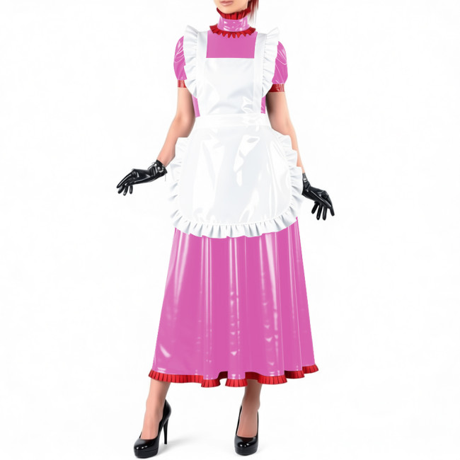 Lockable Maid Long A-line Dresses for Crossdresser Ruffles High Neck PVC Shiny Leather Maxi Maid Uniform Sissy Role Play Outfits
