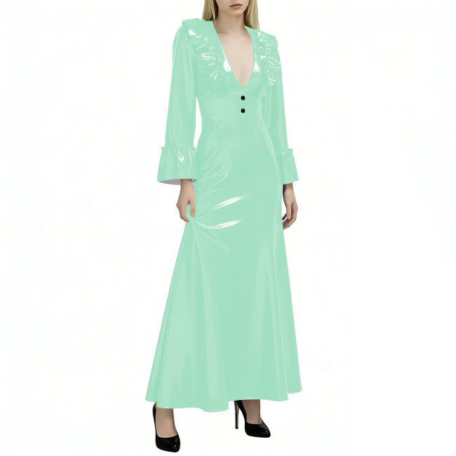 Elegant Flared Long Sleeves Womens Maxi Dress Sexy V Neck PVC Vinyl Leather Ruffled A-line Long Dress Female Streetwear Vestidos