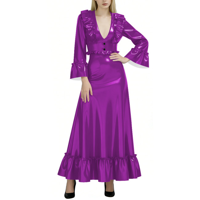 Fashion Elegance Glossy Women Long Dress Sexy Deep V-neck Full Sleeve A-line PVC Shiny Dresses Wetlook Party Dress Evening Gown