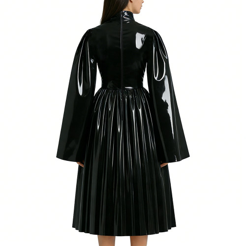 Mens Sissy Shiny PVC Midi Dress Glossy Faux Leather High Neck Bow Flared Long Sleeve Pleated A-Line Dresses Vintage Party Outfit