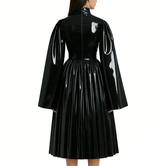 Mens Sissy Shiny PVC Midi Dress Glossy Faux Leather High Neck Bow Flared Long Sleeve Pleated A-Line Dresses Vintage Party Outfit