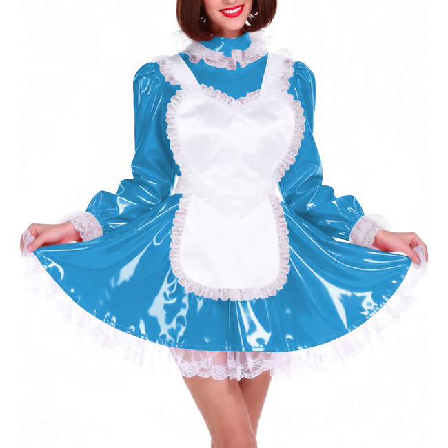 Lockable Shiny PVC French Maid Uniform Sissy Latex-look Halloween Cosplay Outfits High Neck Long Puff Sleeves A-line Dress Sets