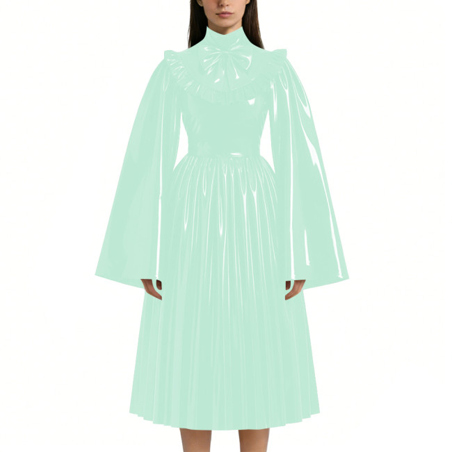 Mens Sissy Shiny PVC Midi Dress Glossy Faux Leather High Neck Bow Flared Long Sleeve Pleated A-Line Dresses Vintage Party Outfit