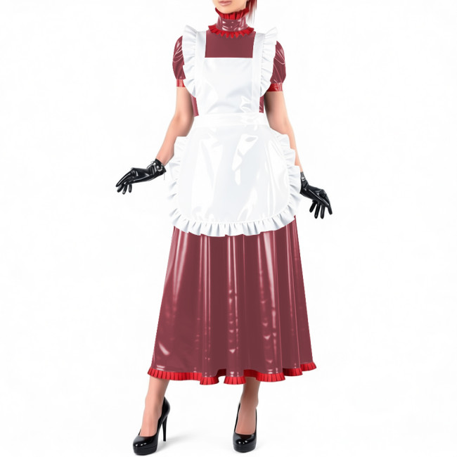 Lockable Maid Long A-line Dresses for Crossdresser Ruffles High Neck PVC Shiny Leather Maxi Maid Uniform Sissy Role Play Outfits