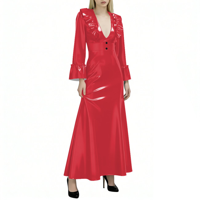 Elegant Flared Long Sleeves Womens Maxi Dress Sexy V Neck PVC Vinyl Leather Ruffled A-line Long Dress Female Streetwear Vestidos