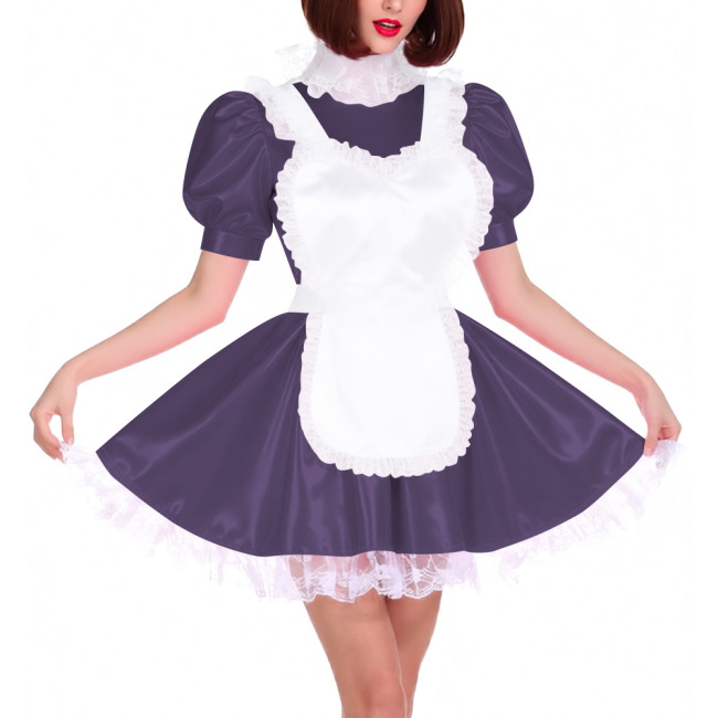 Lace Trim High Neck French Maid Dress Outfits Sissy Puff Short Sleeves Pleated Mini Maid Dress with Apron Themed Parties Costume