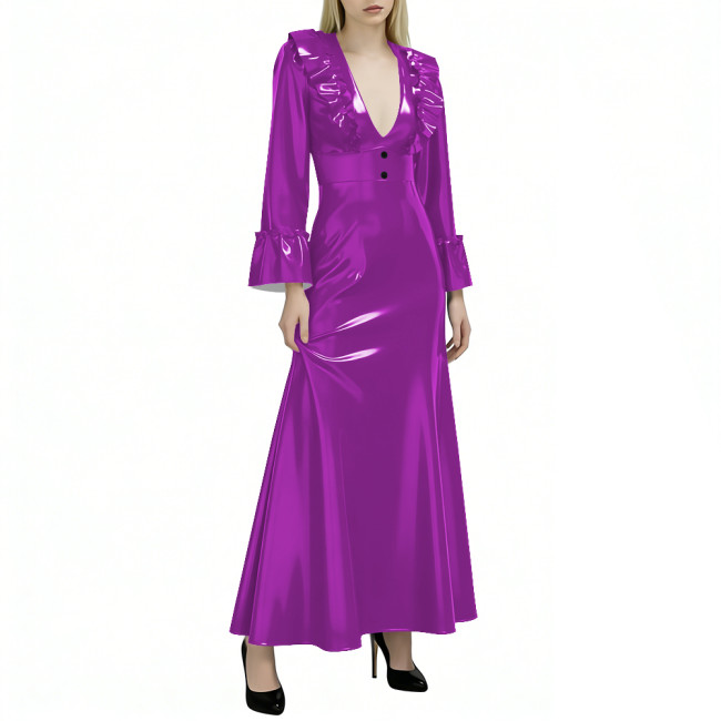 Elegant Flared Long Sleeves Womens Maxi Dress Sexy V Neck PVC Vinyl Leather Ruffled A-line Long Dress Female Streetwear Vestidos