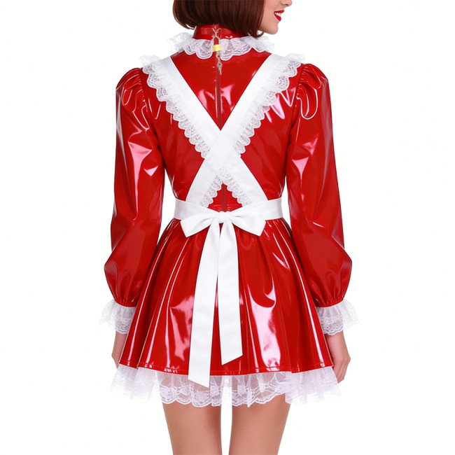 Lockable Shiny PVC French Maid Uniform Sissy Latex-look Halloween Cosplay Outfits High Neck Long Puff Sleeves A-line Dress Sets