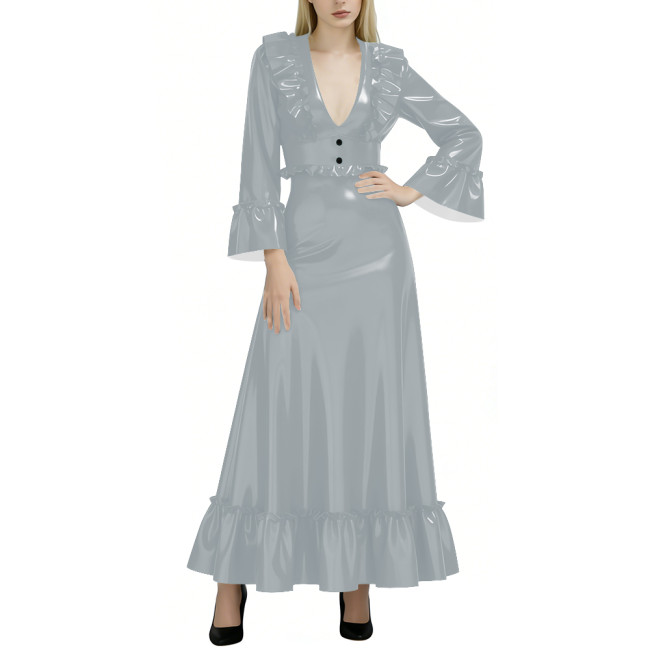 Fashion Elegance Glossy Women Long Dress Sexy Deep V-neck Full Sleeve A-line PVC Shiny Dresses Wetlook Party Dress Evening Gown