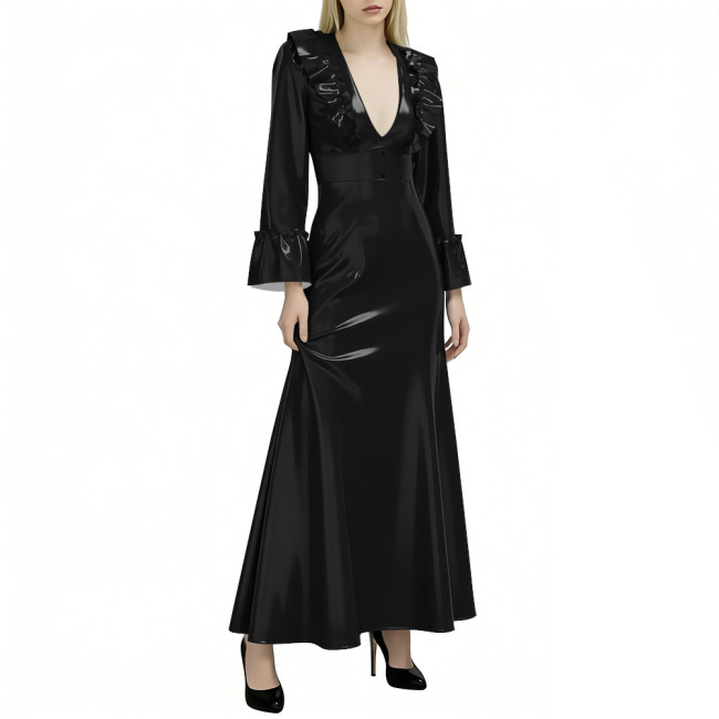 Elegant Flared Long Sleeves Womens Maxi Dress Sexy V Neck PVC Vinyl Leather Ruffled A-line Long Dress Female Streetwear Vestidos