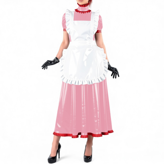 Lockable Maid Long A-line Dresses for Crossdresser Ruffles High Neck PVC Shiny Leather Maxi Maid Uniform Sissy Role Play Outfits