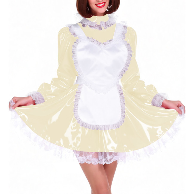 Lockable Shiny PVC French Maid Uniform Sissy Latex-look Halloween Cosplay Outfits High Neck Long Puff Sleeves A-line Dress Sets