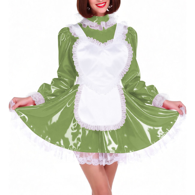 Lockable Shiny PVC French Maid Uniform Sissy Latex-look Halloween Cosplay Outfits High Neck Long Puff Sleeves A-line Dress Sets