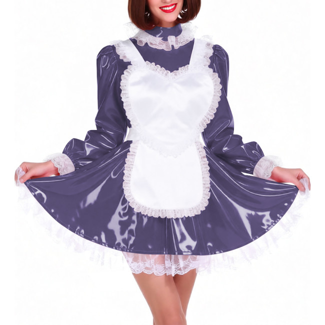 Lockable Shiny PVC French Maid Uniform Sissy Latex-look Halloween Cosplay Outfits High Neck Long Puff Sleeves A-line Dress Sets