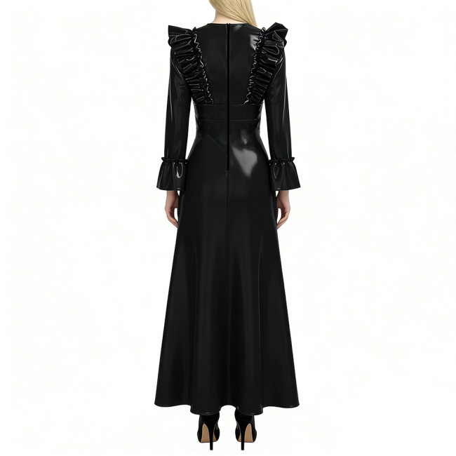 Elegant Flared Long Sleeves Womens Maxi Dress Sexy V Neck PVC Vinyl Leather Ruffled A-line Long Dress Female Streetwear Vestidos