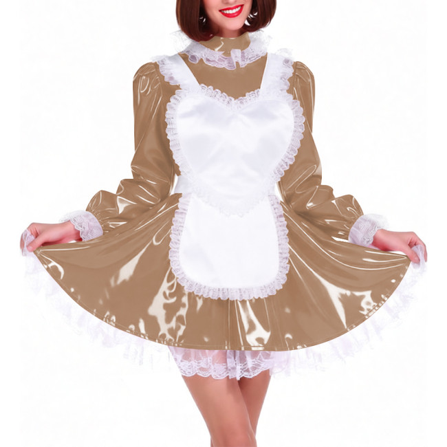 Lockable Shiny PVC French Maid Uniform Sissy Latex-look Halloween Cosplay Outfits High Neck Long Puff Sleeves A-line Dress Sets