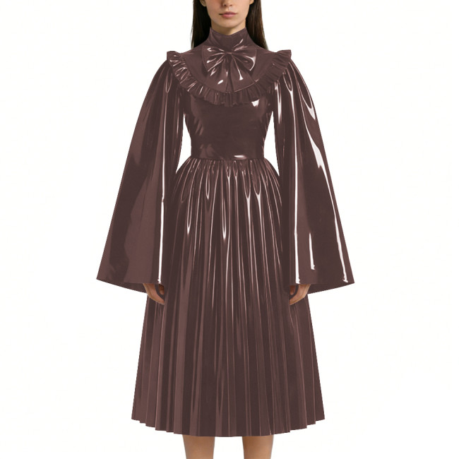 Mens Sissy Shiny PVC Midi Dress Glossy Faux Leather High Neck Bow Flared Long Sleeve Pleated A-Line Dresses Vintage Party Outfit