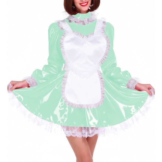 Lockable Shiny PVC French Maid Uniform Sissy Latex-look Halloween Cosplay Outfits High Neck Long Puff Sleeves A-line Dress Sets