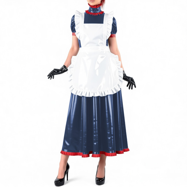 Lockable Maid Long A-line Dresses for Crossdresser Ruffles High Neck PVC Shiny Leather Maxi Maid Uniform Sissy Role Play Outfits