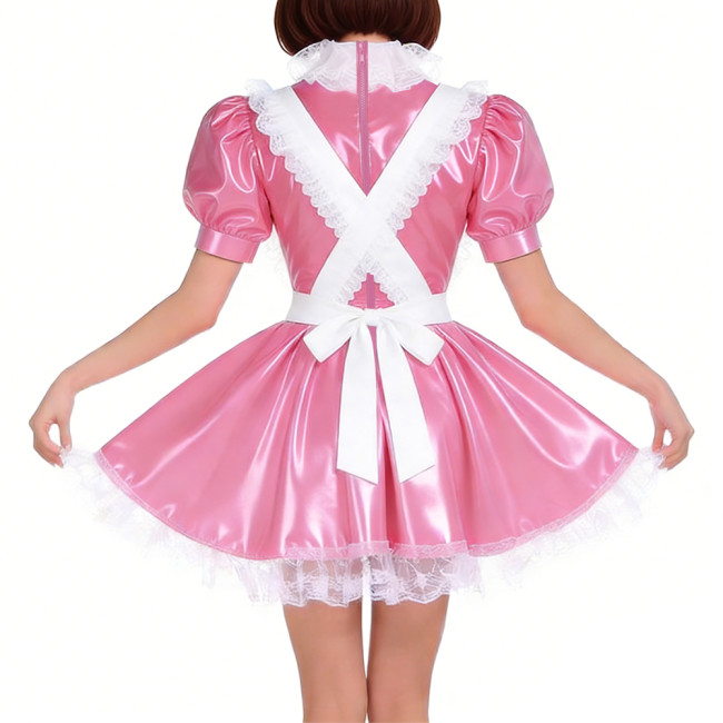 Lace Trim High Neck French Maid Dress Outfits Sissy Puff Short Sleeves Pleated Mini Maid Dress with Apron Themed Parties Costume