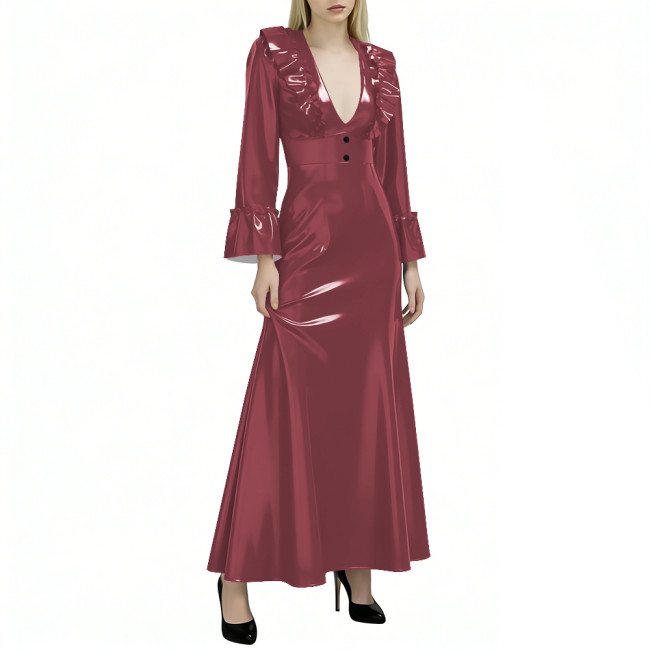 Elegant Flared Long Sleeves Womens Maxi Dress Sexy V Neck PVC Vinyl Leather Ruffled A-line Long Dress Female Streetwear Vestidos