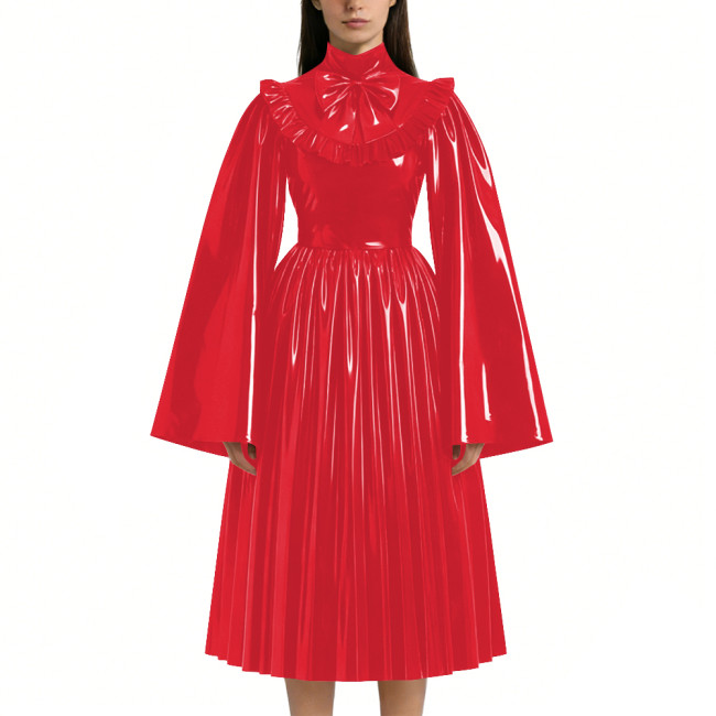Mens Sissy Shiny PVC Midi Dress Glossy Faux Leather High Neck Bow Flared Long Sleeve Pleated A-Line Dresses Vintage Party Outfit