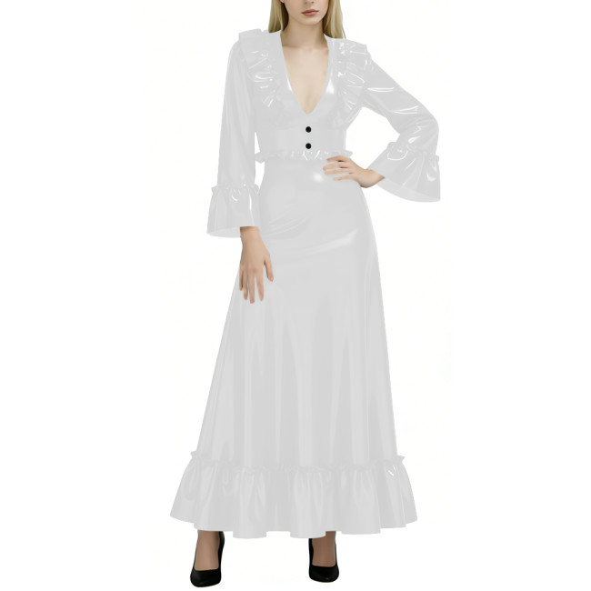 Fashion Elegance Glossy Women Long Dress Sexy Deep V-neck Full Sleeve A-line PVC Shiny Dresses Wetlook Party Dress Evening Gown